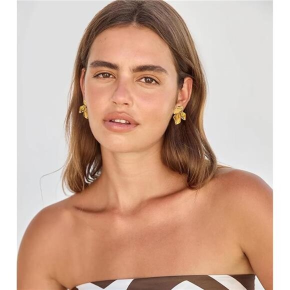 Floral Gold Earrings | 14K Gold Plated 3D Petal Dangle Earrings - Picture 3 of 6